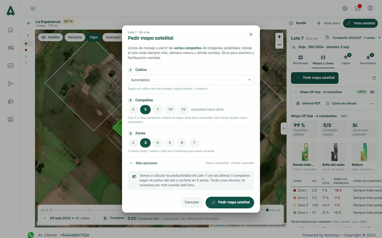 Pedir mapa satelital: cultivo, campañas, zonas y más opciones